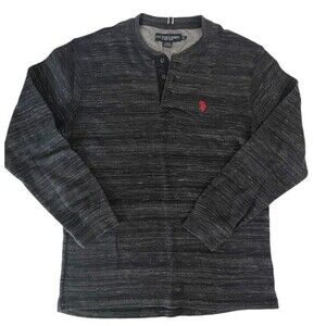 US POLO ASSN Thermal Henley Shirt Black Heather XL Waffle Knit Casual Preppy